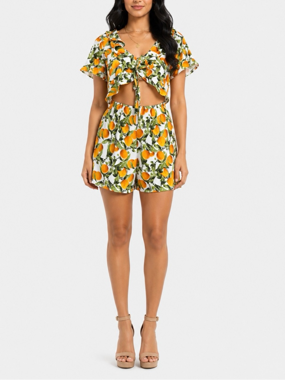 PrettyLittleThing Orange & Green Fruit Print Tie-Front Romper
